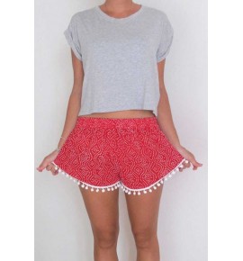 Red Printed Fringe Line Shorts