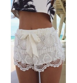 White Crochet Lace Bow Elastic Waist Shorts