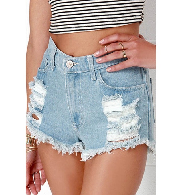 Light Blue Distressed Raw Hem Denim Shorts