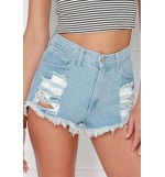 Light Blue Distressed Raw Hem Denim Shorts