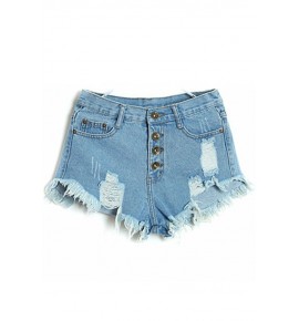 Light Blue Distressed Raw Hem Low Waist Denim Shorts