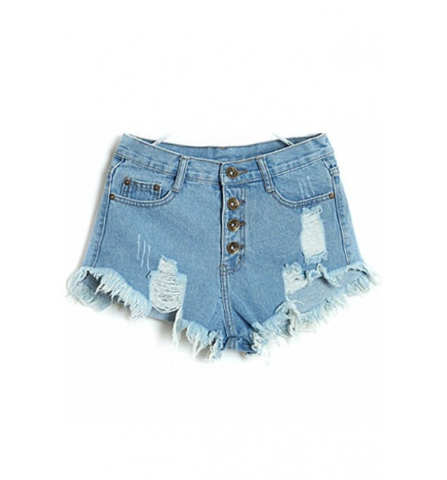 Light Blue Distressed Raw Hem Low Waist Denim Shorts