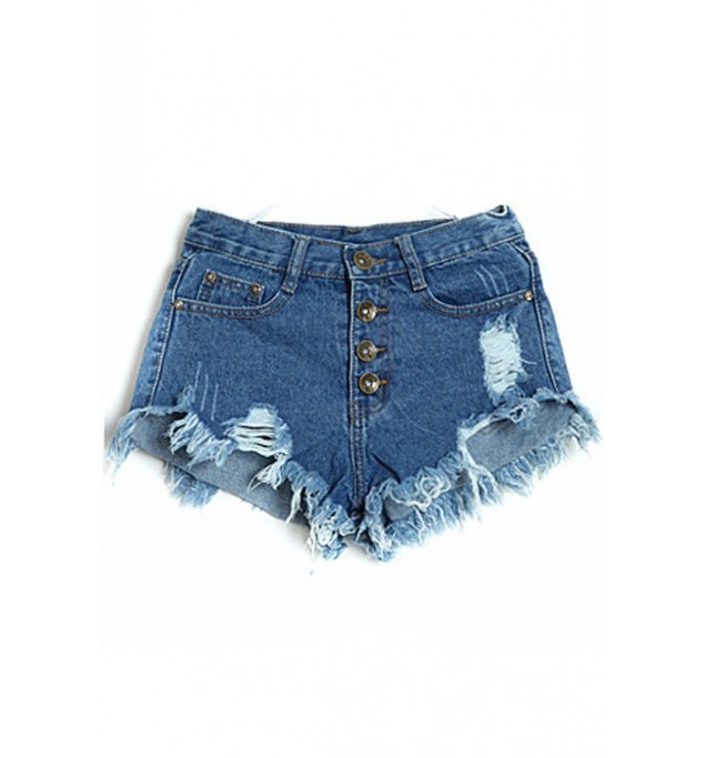 Dark Blue Distressed Raw Hem Low Waist Denim Shorts