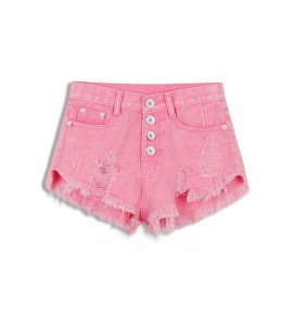 Pink Distressed Raw Hem Low Waist Denim Shorts