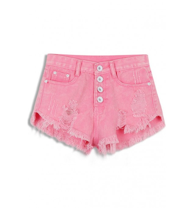 Pink Distressed Raw Hem Low Waist Denim Shorts