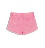 Pink Distressed Raw Hem Low Waist Denim Shorts