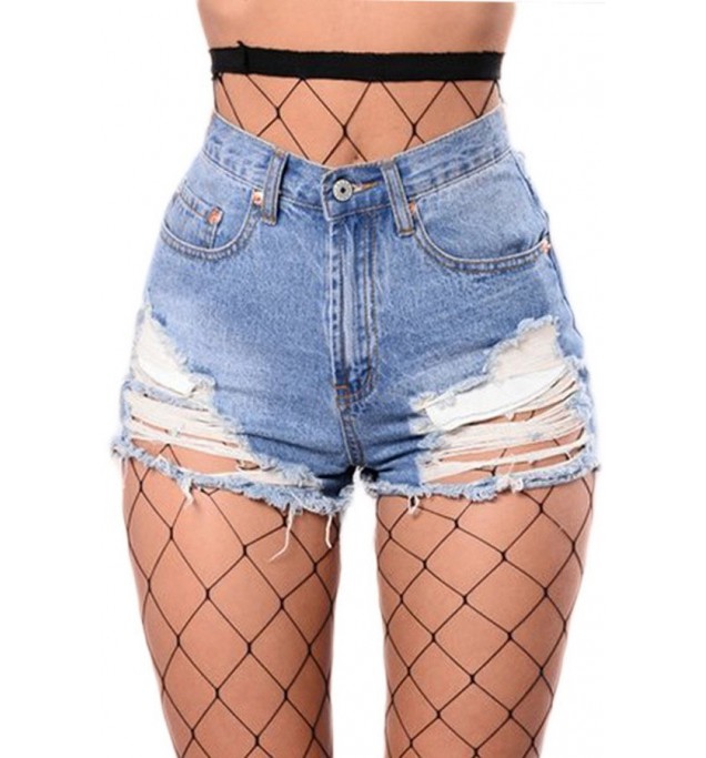 Light Blue Shredded Distressed Acid Wash Denim Shorts