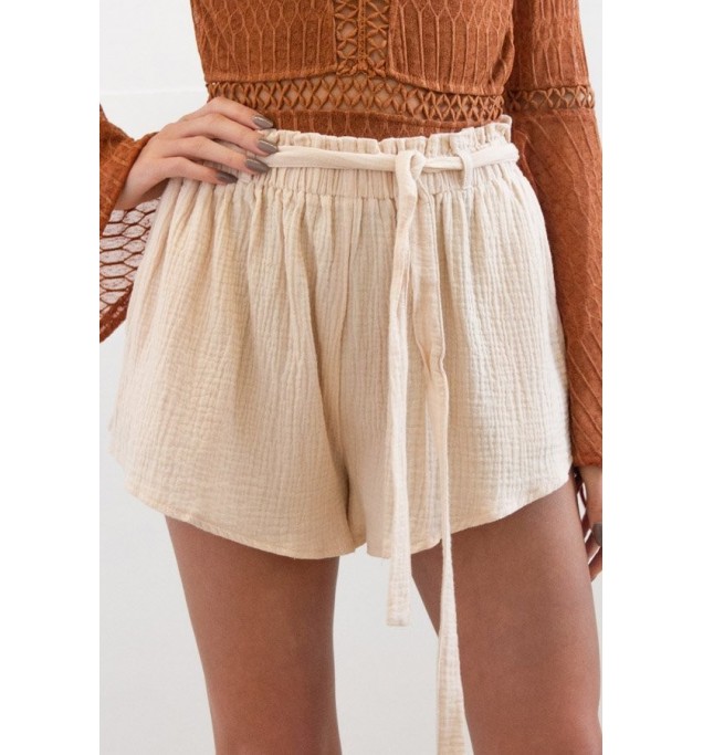 Beige Elastic Waist Wide Leg Casual Shorts