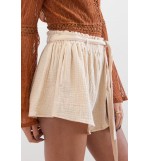 Beige Elastic Waist Wide Leg Casual Shorts