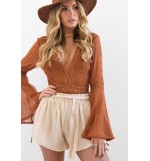 Beige Elastic Waist Wide Leg Casual Shorts