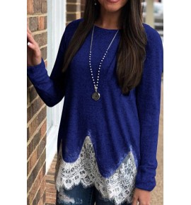 Blue Lace Splicing Casual Blouse