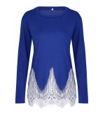 Blue Lace Splicing Casual Blouse