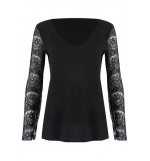 Black Lace Splicing V Neck Sheer Casual Top