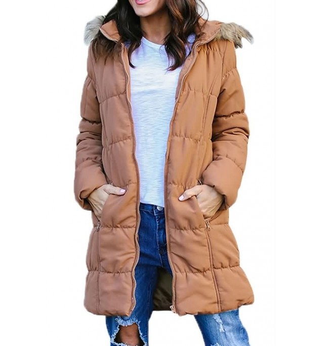 Light-brown Faux Fur Hooded Zipper Up Casual Thicken Coat