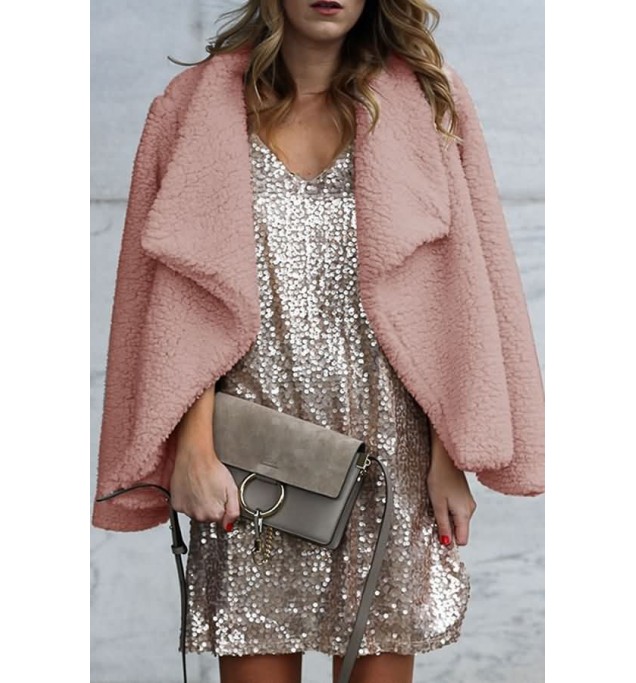 Pink Faux Fur Open Front Casual Coat