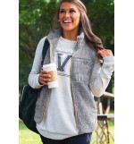 Gray Faux Fur Zipper Pocket Casual Vest