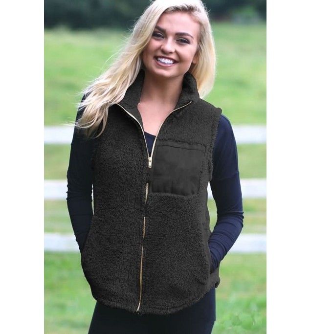 Black Faux Fur Zipper Pocket Casual Vest