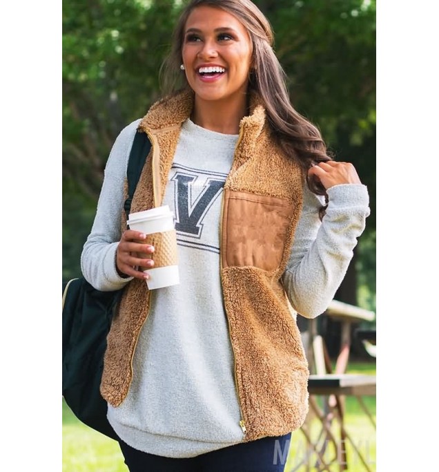 Brown Faux Fur Zipper Pocket Casual Vest