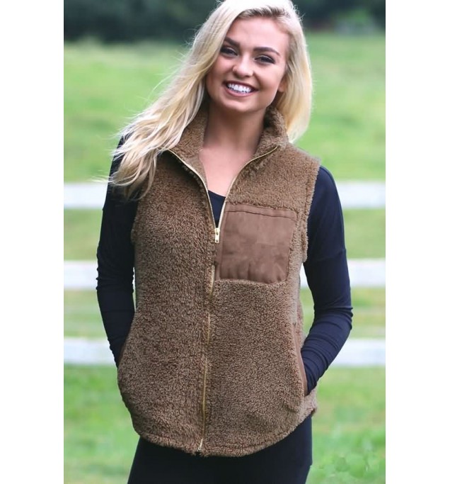 Coffee Faux Fur Zipper Pocket Casual Vest