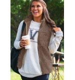 Coffee Faux Fur Zipper Pocket Casual Vest