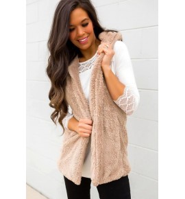 Khaki Faux Fur Open Front Casual Vest