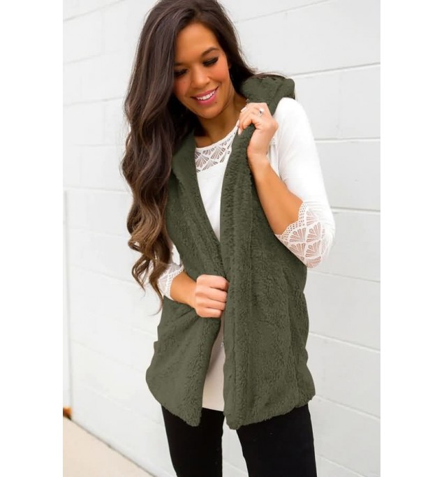 Green Faux Fur Open Front Casual Vest