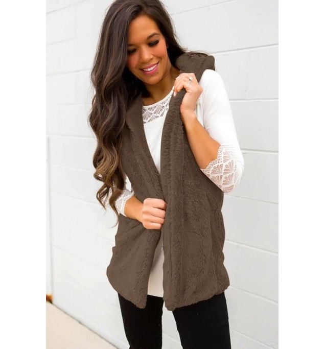 Brown Faux Fur Open Front Casual Vest