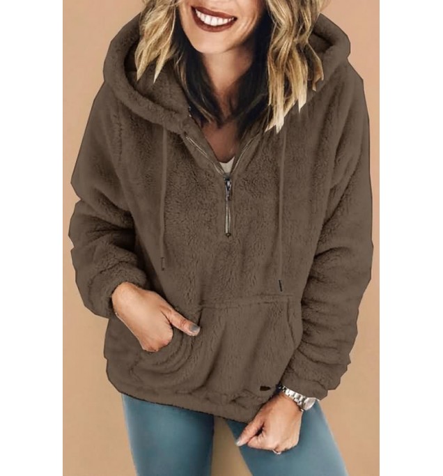 Coffee Faux Fur Drawstring Pocket Half-zip Casual Hoodie