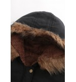 Black Zipper Up Pocket Faux Fur Trim Hoodied Casual Long Coat