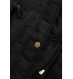 Black Zipper Up Pocket Faux Fur Trim Hoodied Casual Long Coat