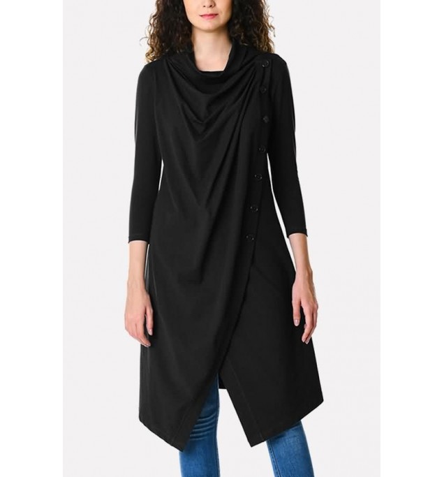 Black Draped Neck Button Casual Asymmetric Coat