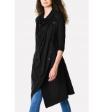 Black Draped Neck Button Casual Asymmetric Coat