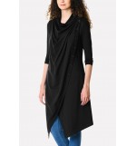 Black Draped Neck Button Casual Asymmetric Coat