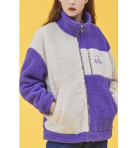 Purple Faux Fur Two Tone Stand Collar Zipper Casual Coat