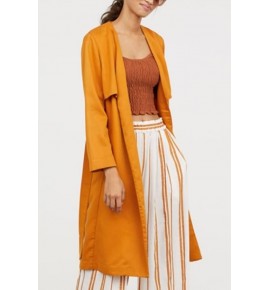 Orange Pocket Tied Casual Trench Coat