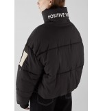 Black Slogan Applique Zip-up Pocket Casual Puffer Coat