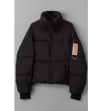 Black Slogan Applique Zip-up Pocket Casual Puffer Coat