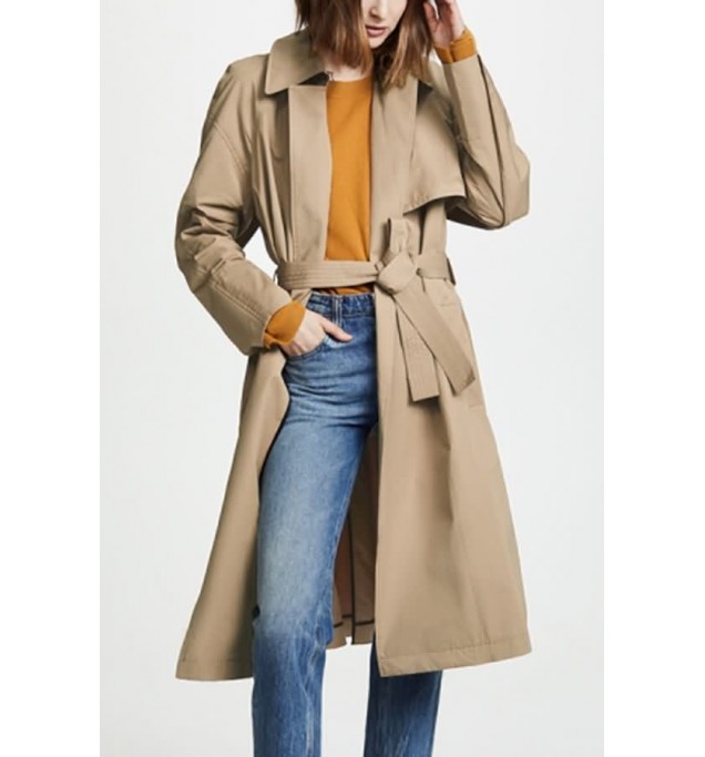 Khaki Notched Belted Casual Long Trench Coat