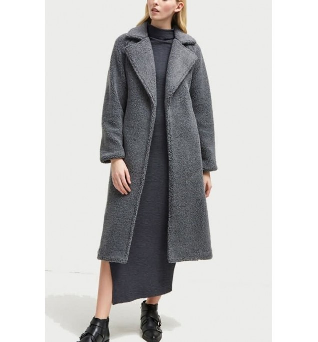 Gray Faux Fur Notched Collar Tied Casual Coat