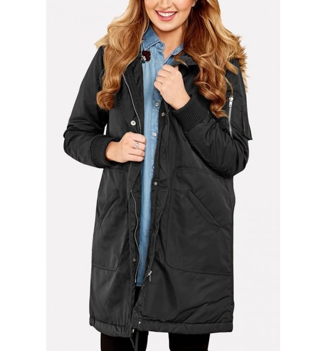 Black Faux Fur Trim Hood Pocket Zipper Casual Parka Jacket