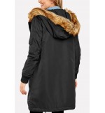 Black Faux Fur Trim Hood Pocket Zipper Casual Parka Jacket