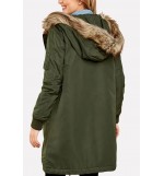 Army-green Faux Fur Trim Hood Pocket Zipper Casual Parka Jacket