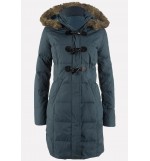 Gray Faux Fur Trim Hood Pocket Horn Buckle Casual Parka Coat