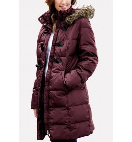 Dark-red Faux Fur Trim Hood Pocket Horn Buckle Casual Parka Coat