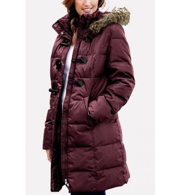 Dark-red Faux Fur Trim Hood Pocket Horn Buckle Casual Parka Coat