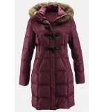 Dark-red Faux Fur Trim Hood Pocket Horn Buckle Casual Parka Coat