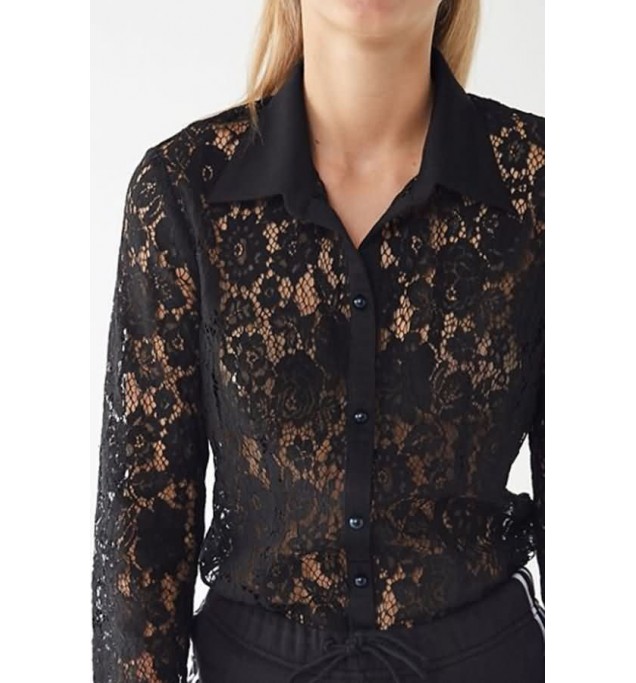 Black Lapel Sexy Lace Shirt