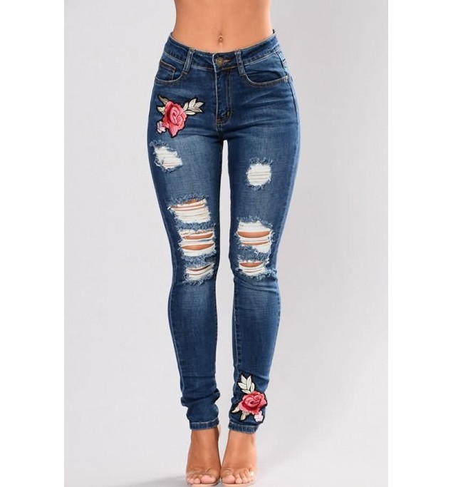 Floral Embroidered Shredded Distressed Casual Jeans