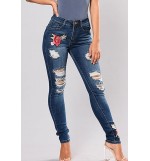 Floral Embroidered Shredded Distressed Casual Jeans