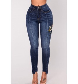 Floral Embroidered Wash Denim Casual Jeans